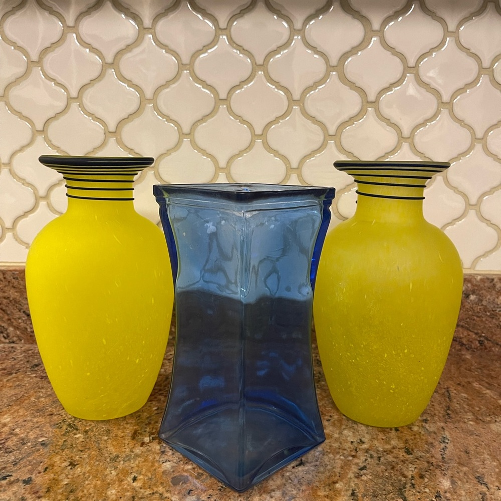 Lemon Yellow with Cobalt Blue Swirl Blown Glass Vase Set with Blue Vase